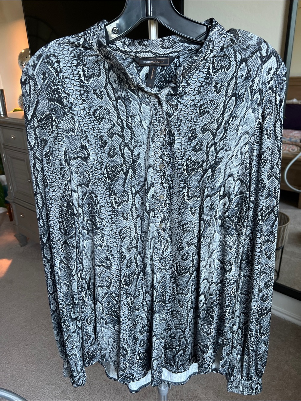 BCBGMaxAzria Black & White Snakeskin Button-Front Top
